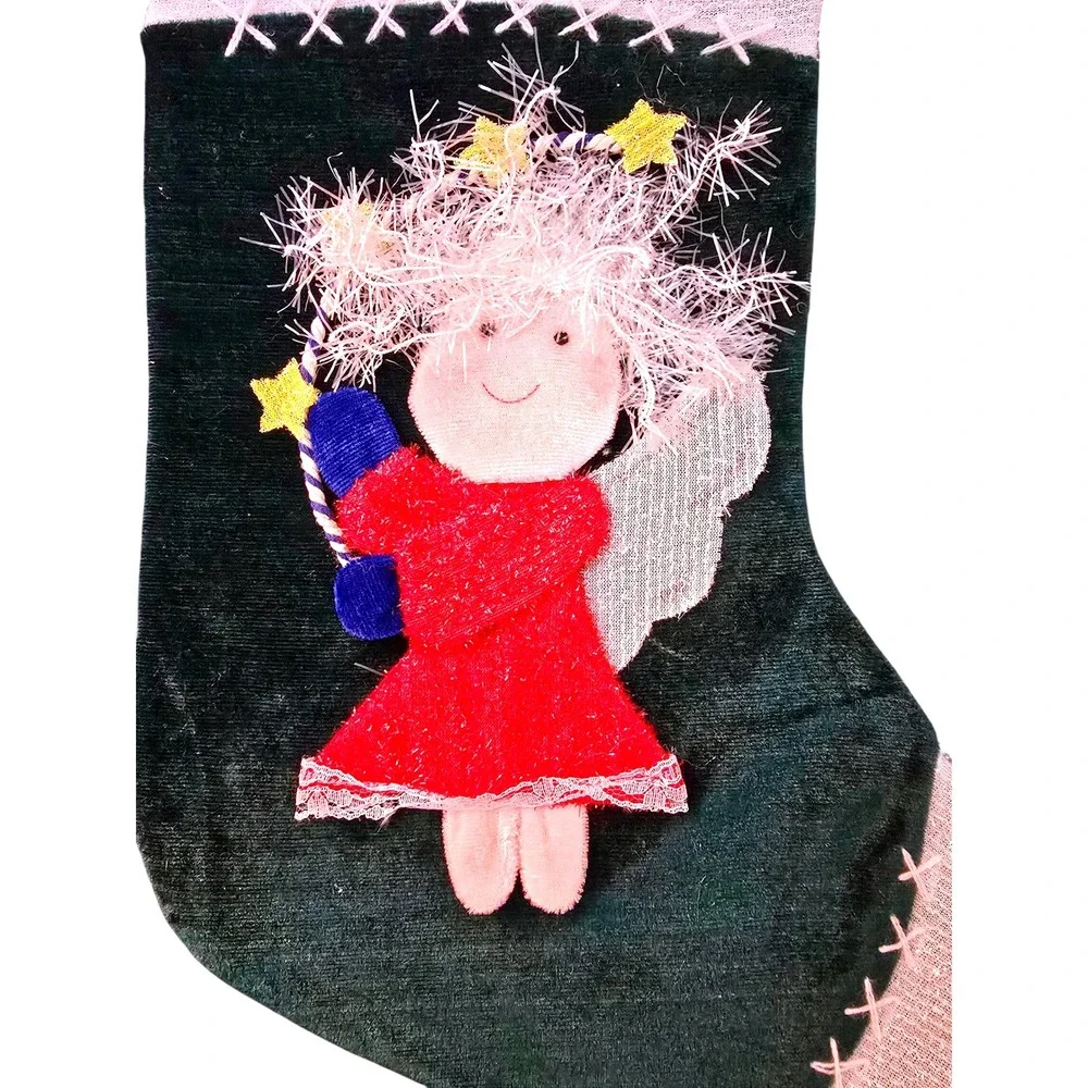 NWT Christmas‎ Eve Stocking Angel Girl Red Dress Plush Green White Holiday Decor